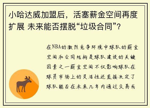 小哈达威加盟后，活塞薪金空间再度扩展 未来能否摆脱“垃圾合同”？