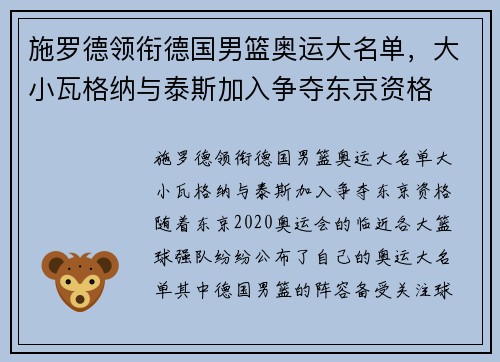 施罗德领衔德国男篮奥运大名单，大小瓦格纳与泰斯加入争夺东京资格